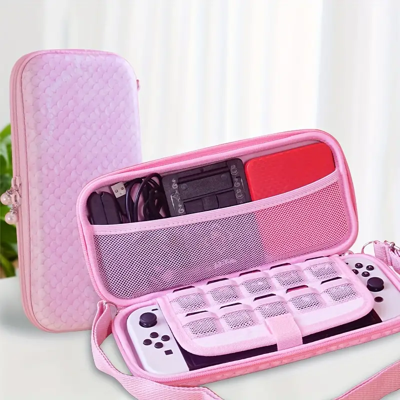 carrying case compatible with nintendo switch oled switch hard shell protective travel bag with 10 game card slots for ns switch console joy con accessories with 2 thumb grip cap pink fish scale details 1