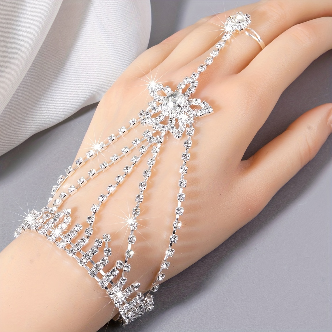 GENEMA Rhinestone Finger Ring Bracelet for Women Girls Dainty Hand