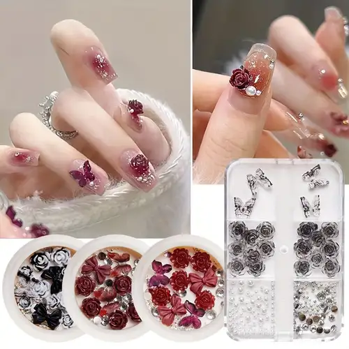 Mixed Wine Red Camellia Butterfly White Pearls Rhinestone Nail Art Charms -  Diy Nail Jewelry Accessories For Stunning Nail Art Designs - Temu
