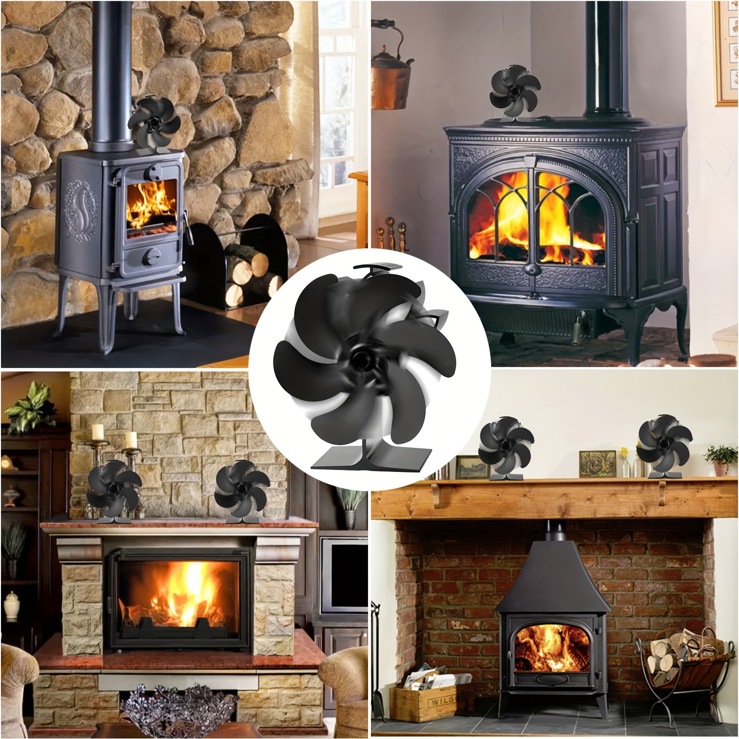 6 Blades Wood Stove Fan Heat Powered Fireplace Fan + Thermometer for Log  Burner