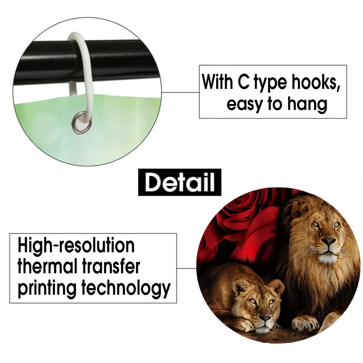 Waterproof Lion & Rose Flower Shower Curtain Set with 12 Hooks