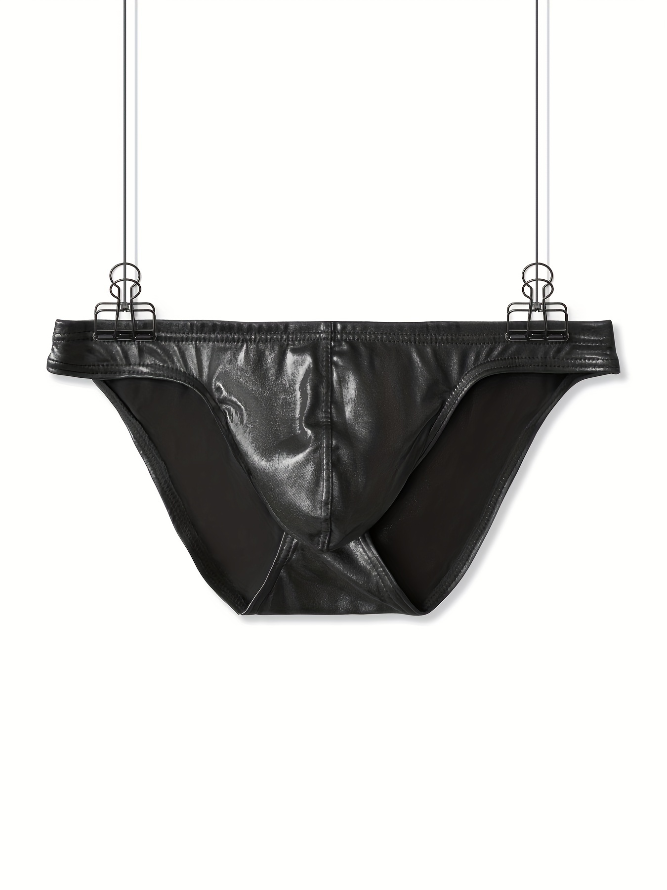 Sexy Faux Black Leather Underwear Men U Convex Bolsa Calcinhas