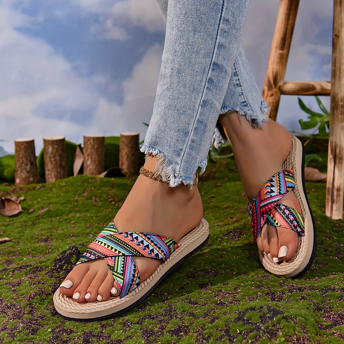 Women's Tribal Flower Printed Flat Slides, Crisscross Band Open Toe Slip On  Shoes, Casual Summer Slide Sandals