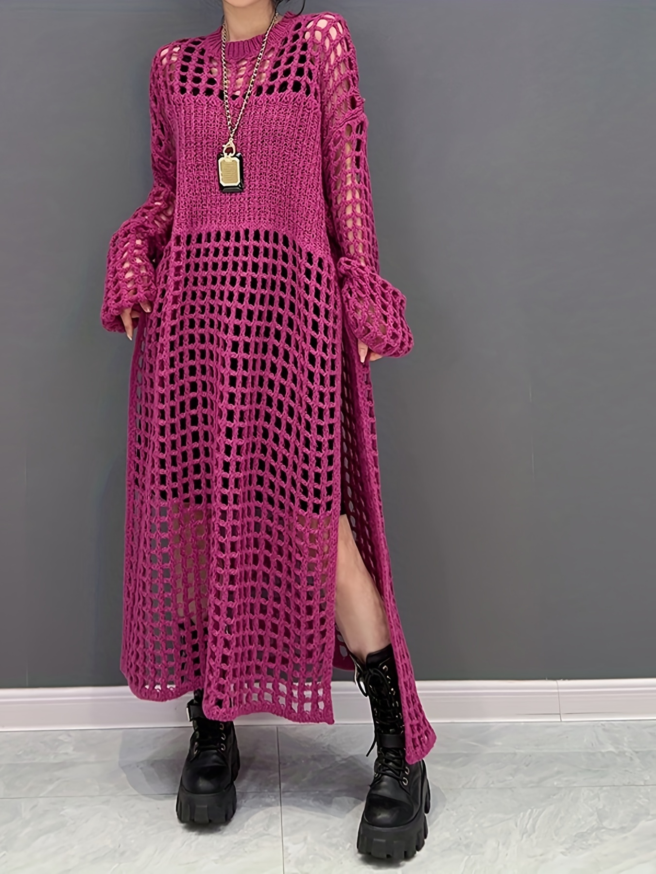 Crochet Split Thigh Dress Casual Solid Long Sleeve Maxi - Temu Canada