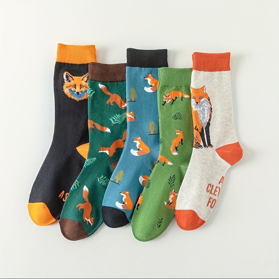 

5 Pairs Of Girl's Cartoon Fox Pattern Knitted Socks, Breathable Sweat-absorbing Comfy Soft Casual Simple Style Socks All Seasons Wearing For Outdoor Wearing