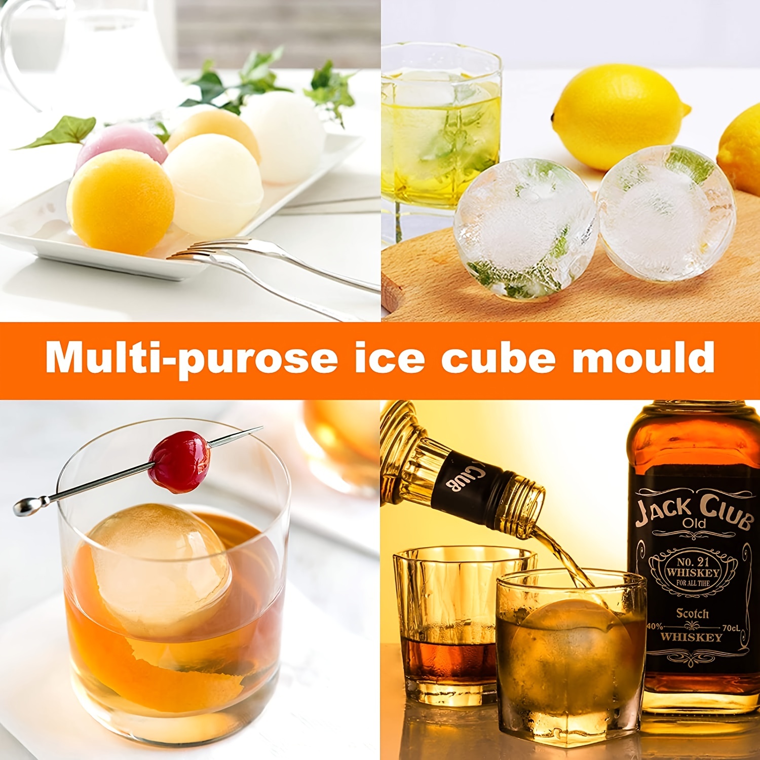 Great Choice Products Ice Maker Large Cube Round Tray Molds Whiskey Ball  Cocktails Silicone Big+Funnel