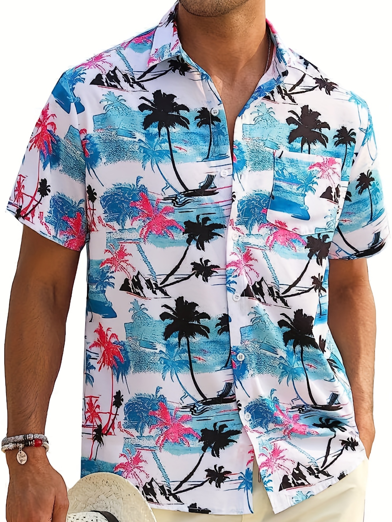 Palm Tree Islands Print - Hawaiian Shirts Button Up Short Sleeve Beach Shirts Summer Casual Aloha Shirts,Variegation,$9.99,S,Temu