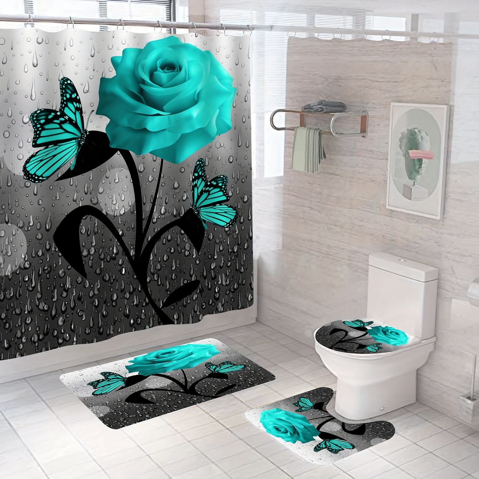 Shower Curtain Set Romantic Turquoise Rose Bathroom Non slip - Temu