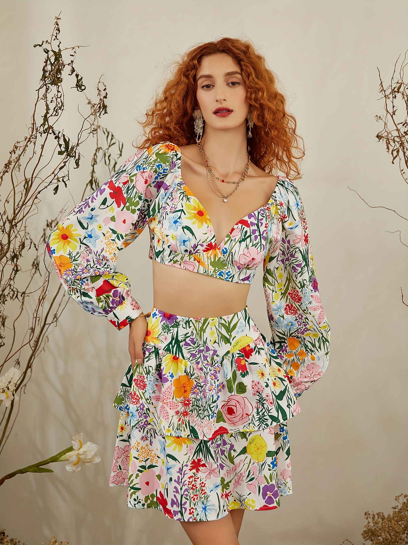 Floral Print Two-piece Skirt Set, Sweetheart Neck Long Sleeve Crop Top &  Layered Hem Skirts Outfits, Women's Clothing