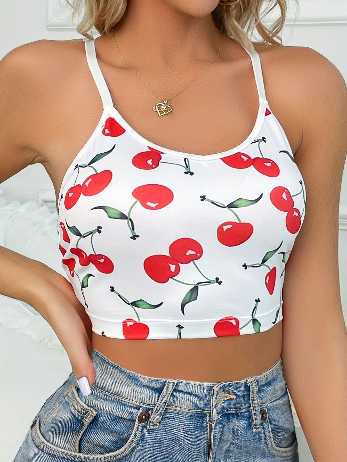 Cherry Cami Crop Top Mesh Butterfly Embroidery Top Women's - Temu