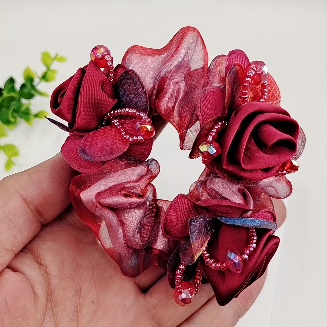 Homemade Scrunchies Flower Beaded Organza Hair Tie Elastic - Temu