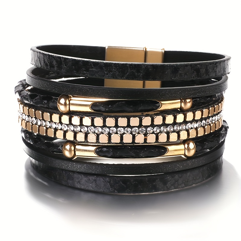Snakeskin Pattern Leather Bracelet Multilayer Wrap Magnetic Clasp
