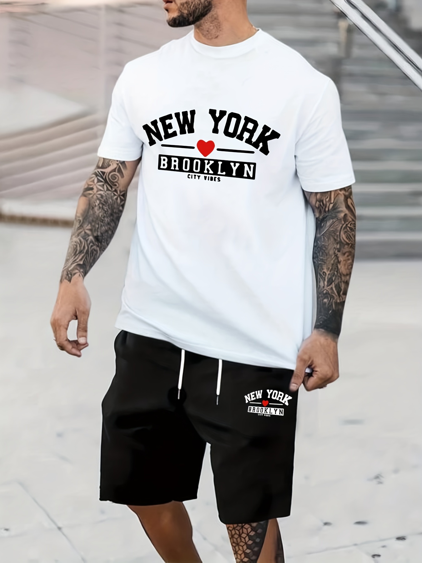 Los Angeles Print Street Style Mens 2pcs Outfits Trendy T Shirt