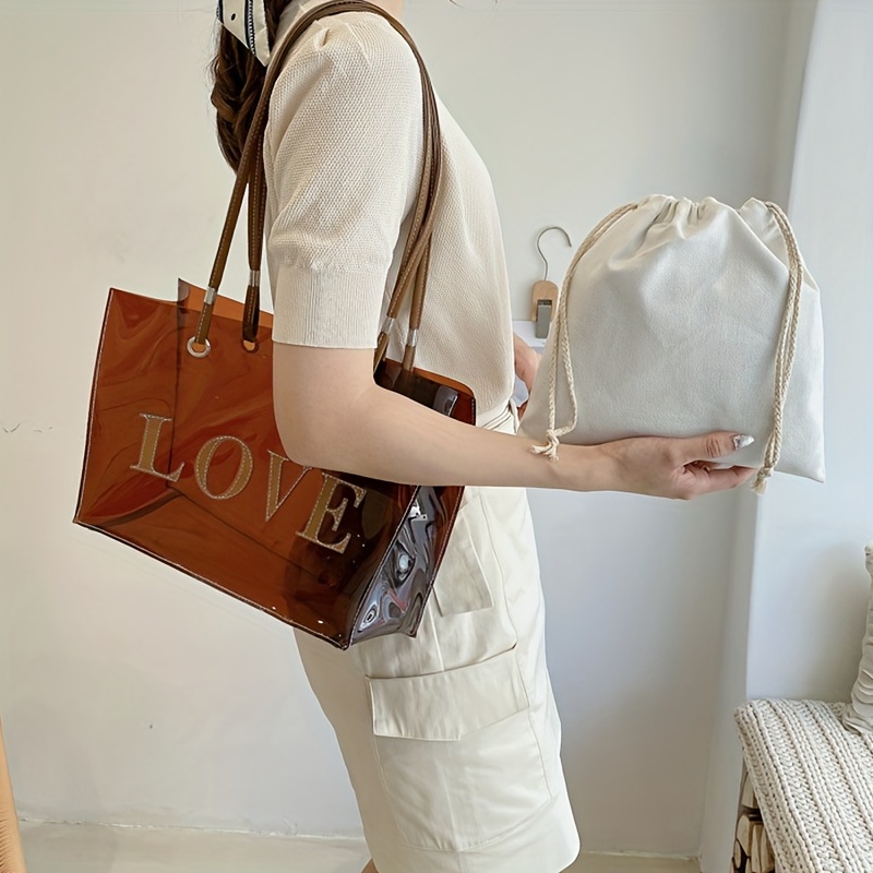 Transparent Summer Beach Bag, Chenille Letter Decor Jelly Shoulder Bag,  Trendy Waterproof Tote Bag With Inner Bag - Temu