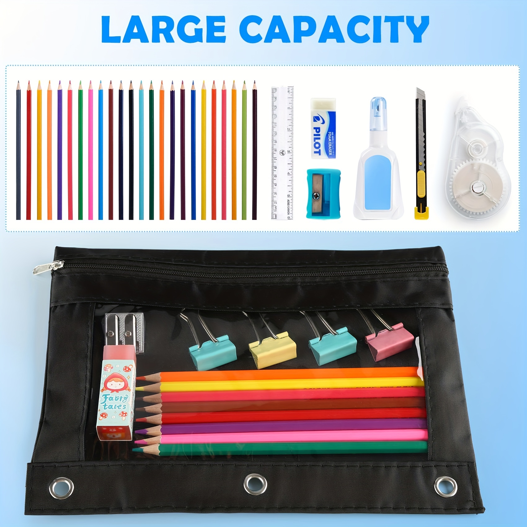 6PK 3-Ring Pencil Pouches-Bright Color Pencil Pouch for 3-Ring Binder Pen  Holder 
