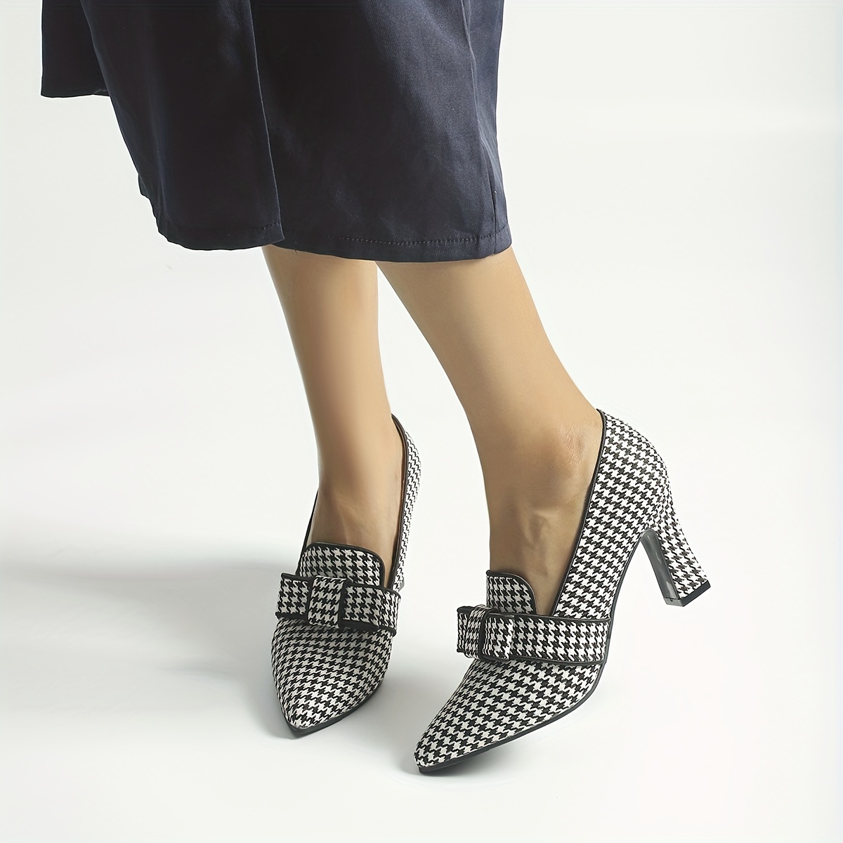 Women's Houndstooth Pumps Bowknot Slip On Chunky Heels