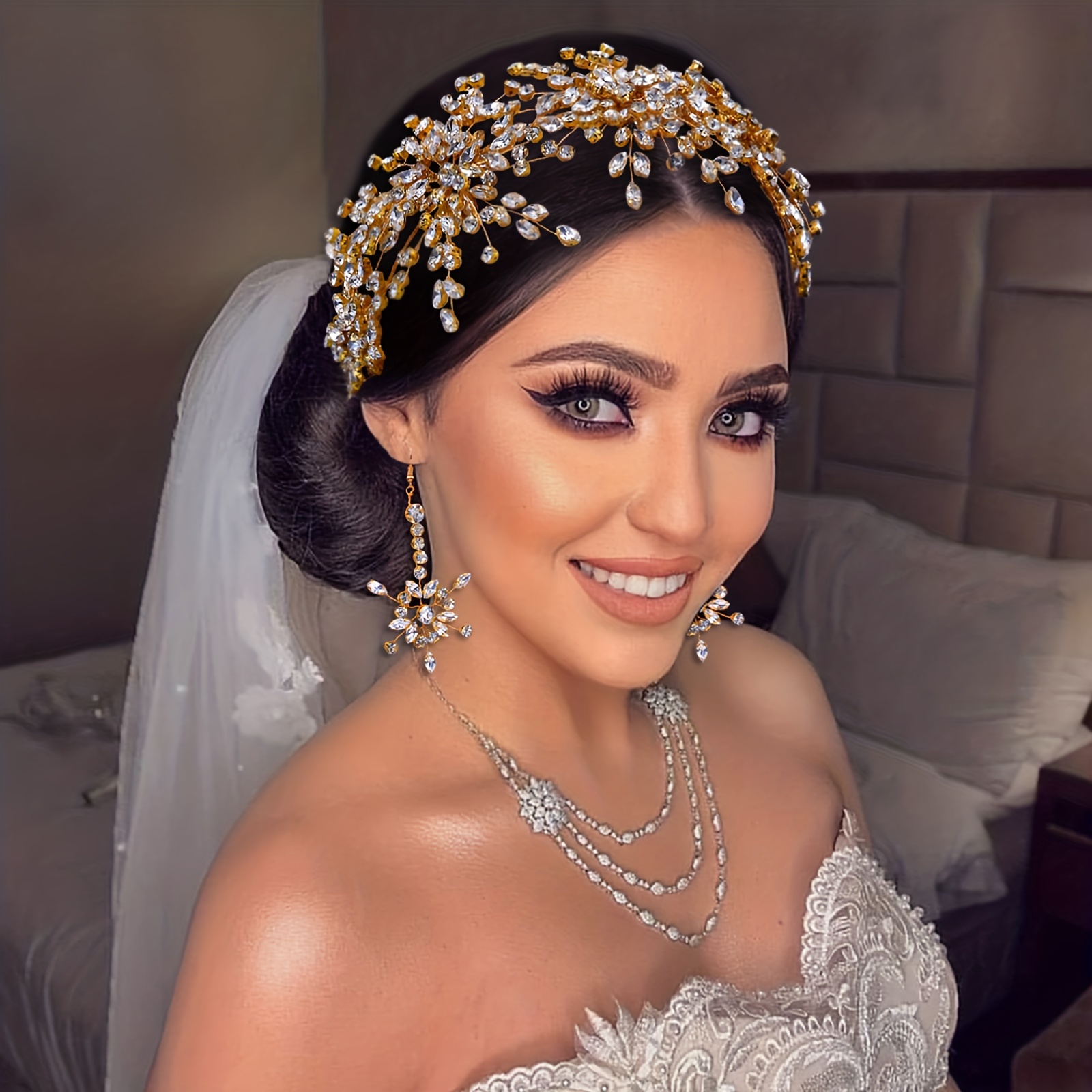 bridal tiara earrings set baroque style golden Temu Oman