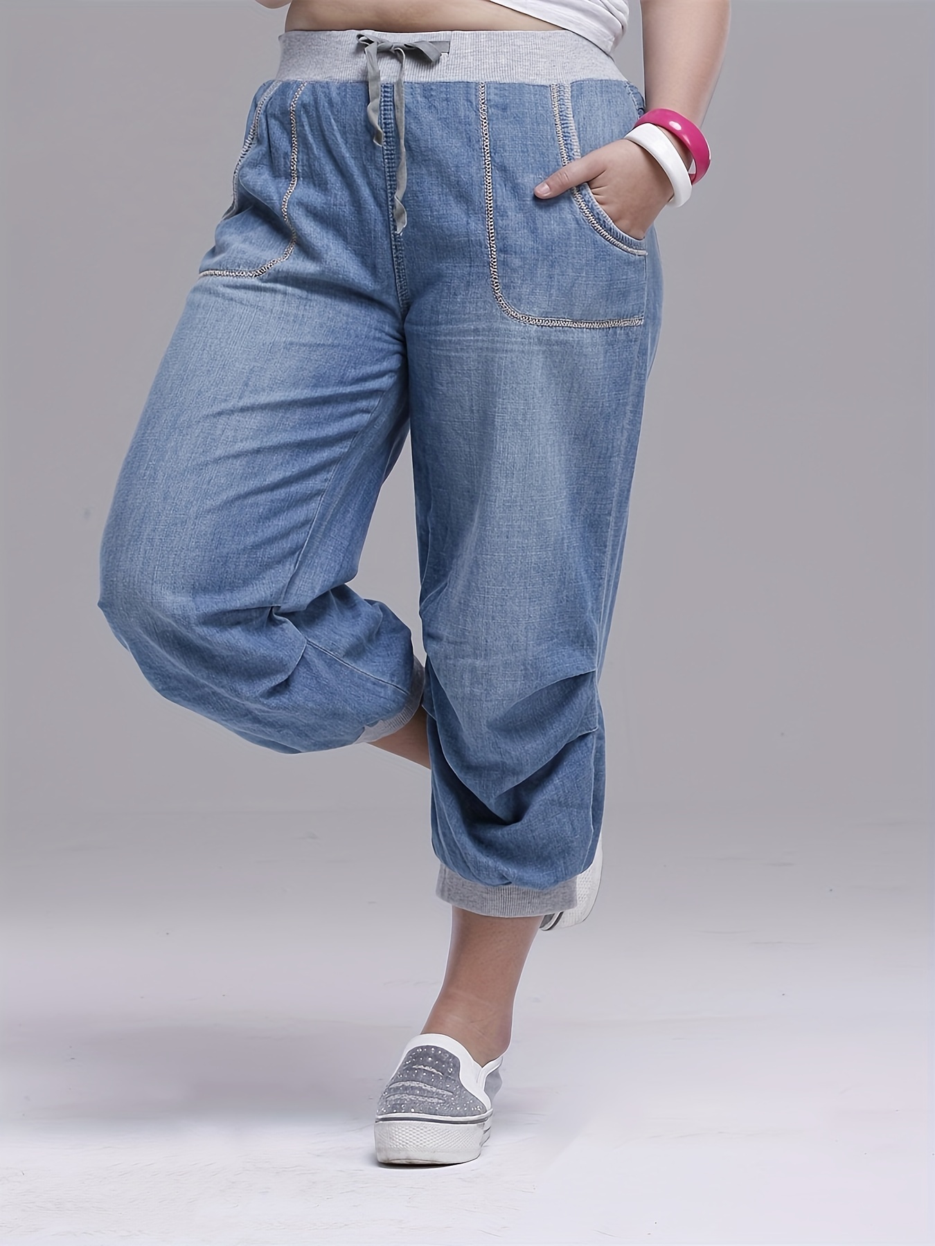 Plus Size High Drawstring Capri Jeans Women's Plus - Temu