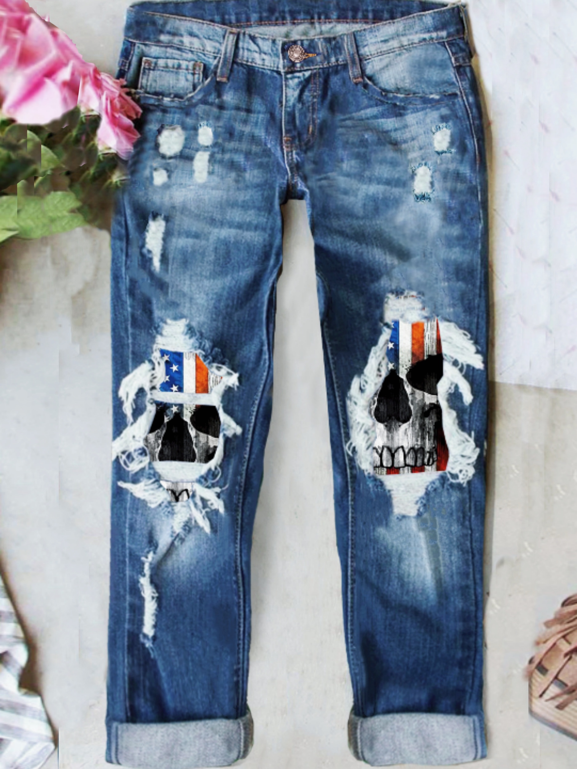 Women's Gothic Punk Jeans Plus Size Skull Print Washed Blue - Temu Canada