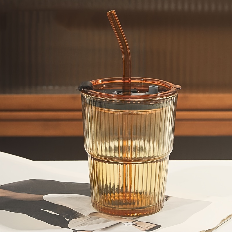 Ribbed Glass Tumbler With Lid And Straw Origami Style - Temu