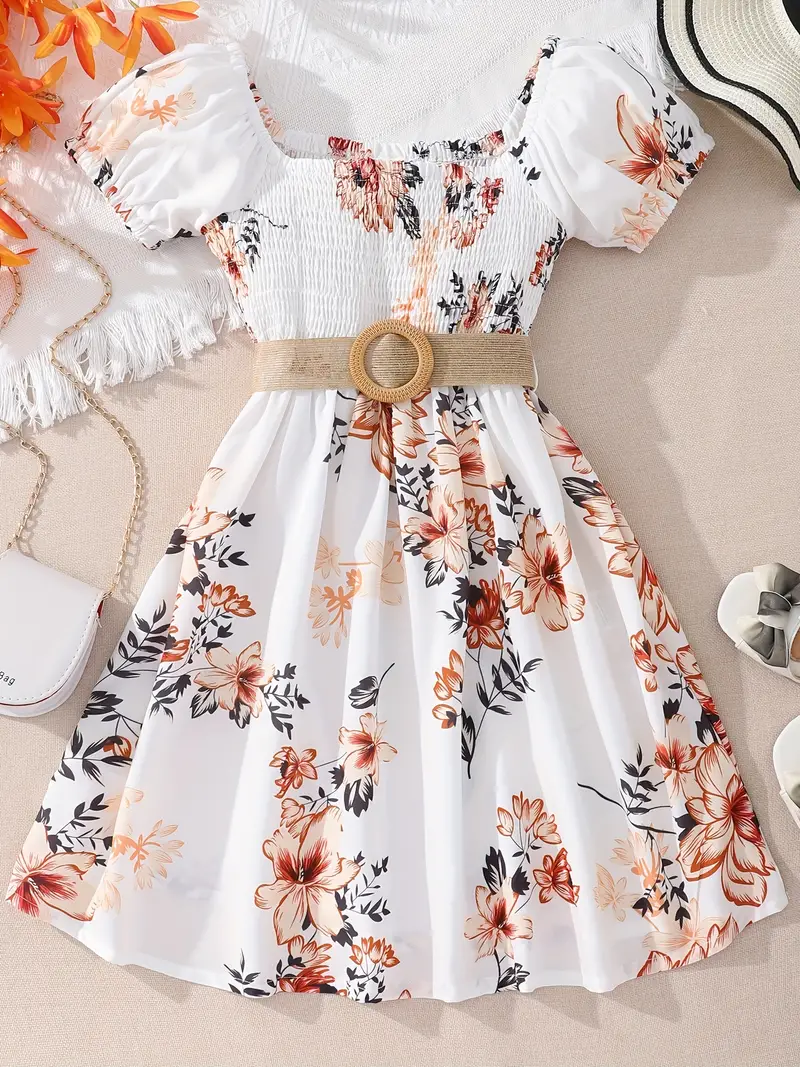 girls floral print shirred short sleeve casual dress belt for summer details 0