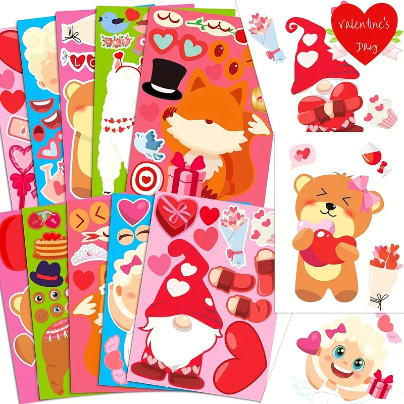 10pcs, Valentines Stickers Crafts - Make-a-llama/bear/fox/cupid/gnome Face  Sticker- Valentine's Day Gifts Goodie Bag Stuffer School Classroom Activity  Games Party Favors, Check Out Today's Deals Now