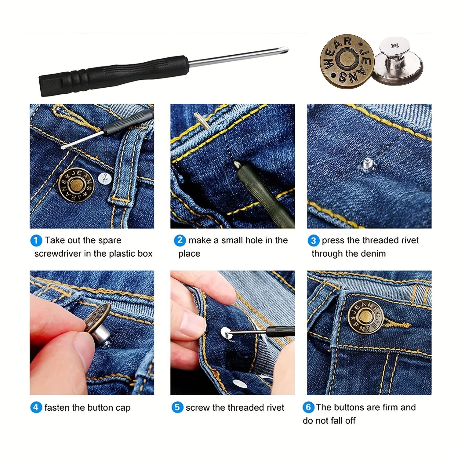 6pcs/set Jeans Buttons Replacement,17mm No Sewing Metal Button Repair Kit,  Nailless Removable Jean Buttons Replacement Combo
