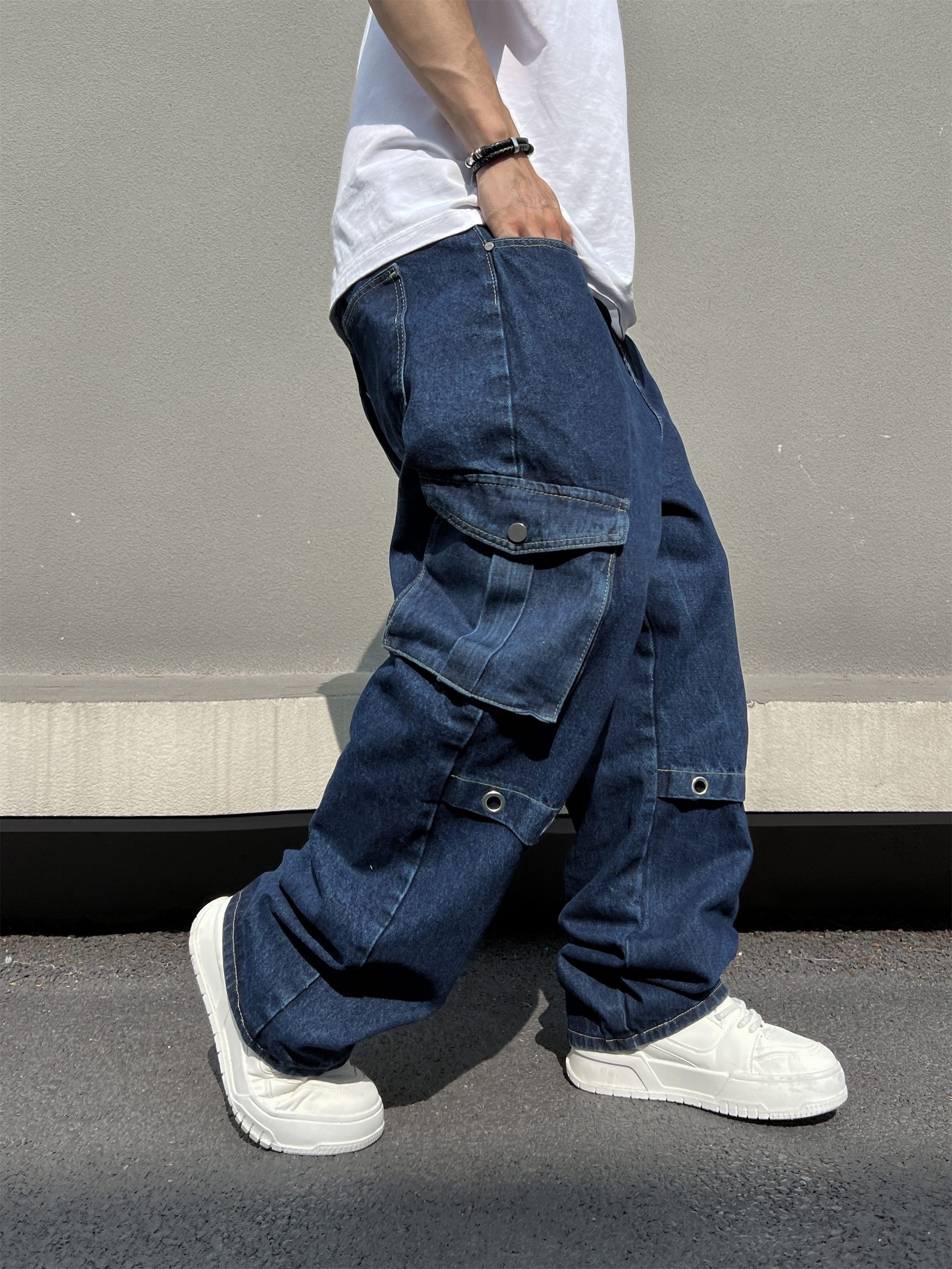 Multi Pocket Wide Leg Jeans Men's Casual Street Style Loose - Temu