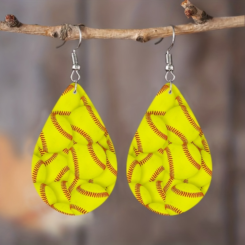 Football Earrings Hollow Out Water Drop Wooden Baseball - Temu