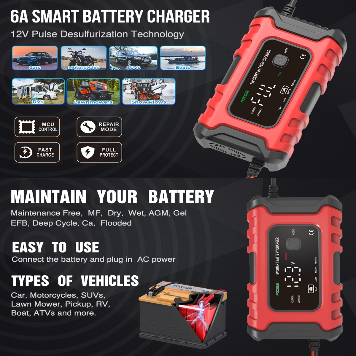 Eu E-fast Autobatterieladegerät Maintainer 12v 6a Pulse Repair Lcd Display  3-stufen Smart Fast Charge Desulfator Auto Motorrad, Sparen Geld Temu