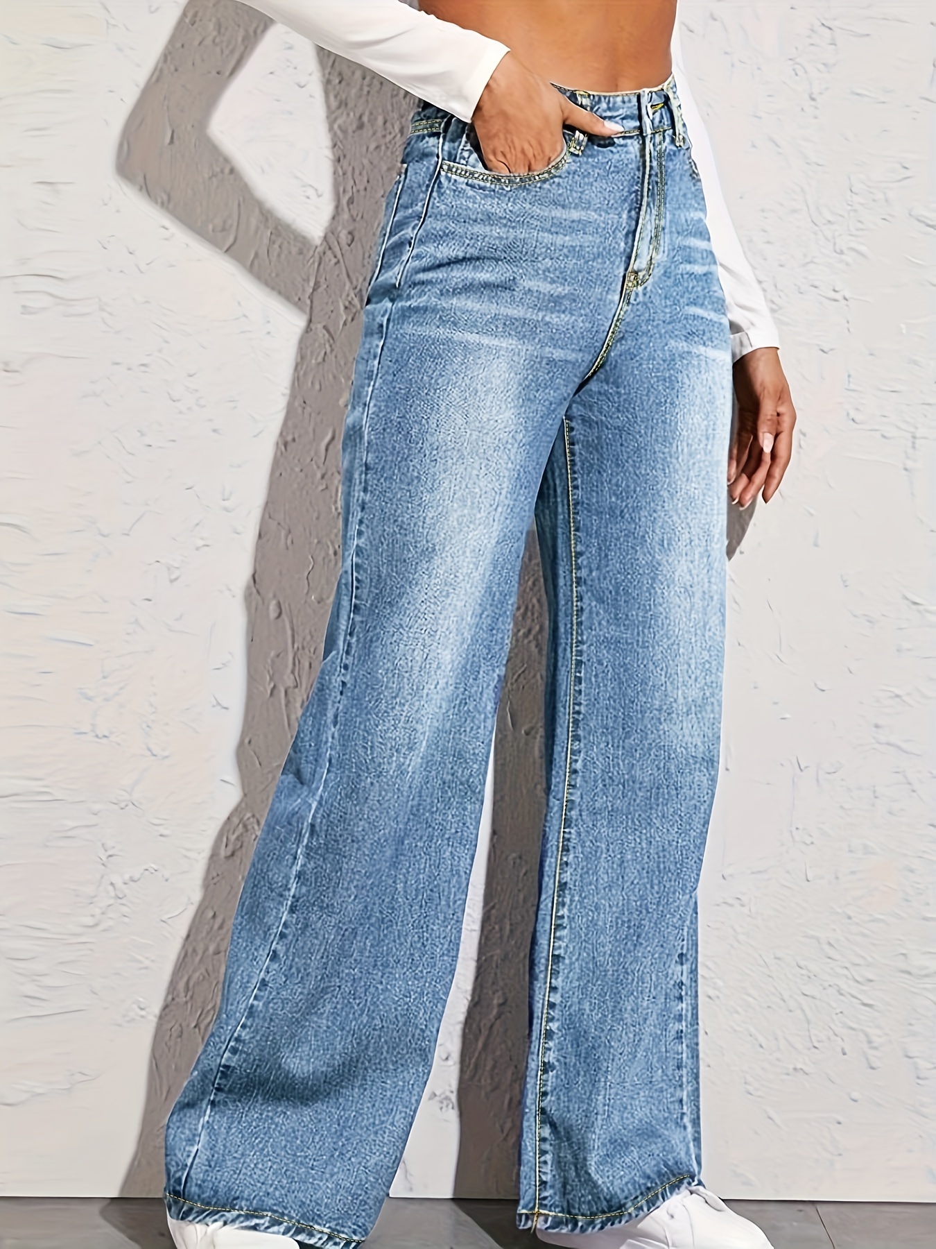Jeans rectos de talle alto * pantalones de mezclilla holgados de tiro alto  con bolsillos oblicuos, jeans y ropa de mujer