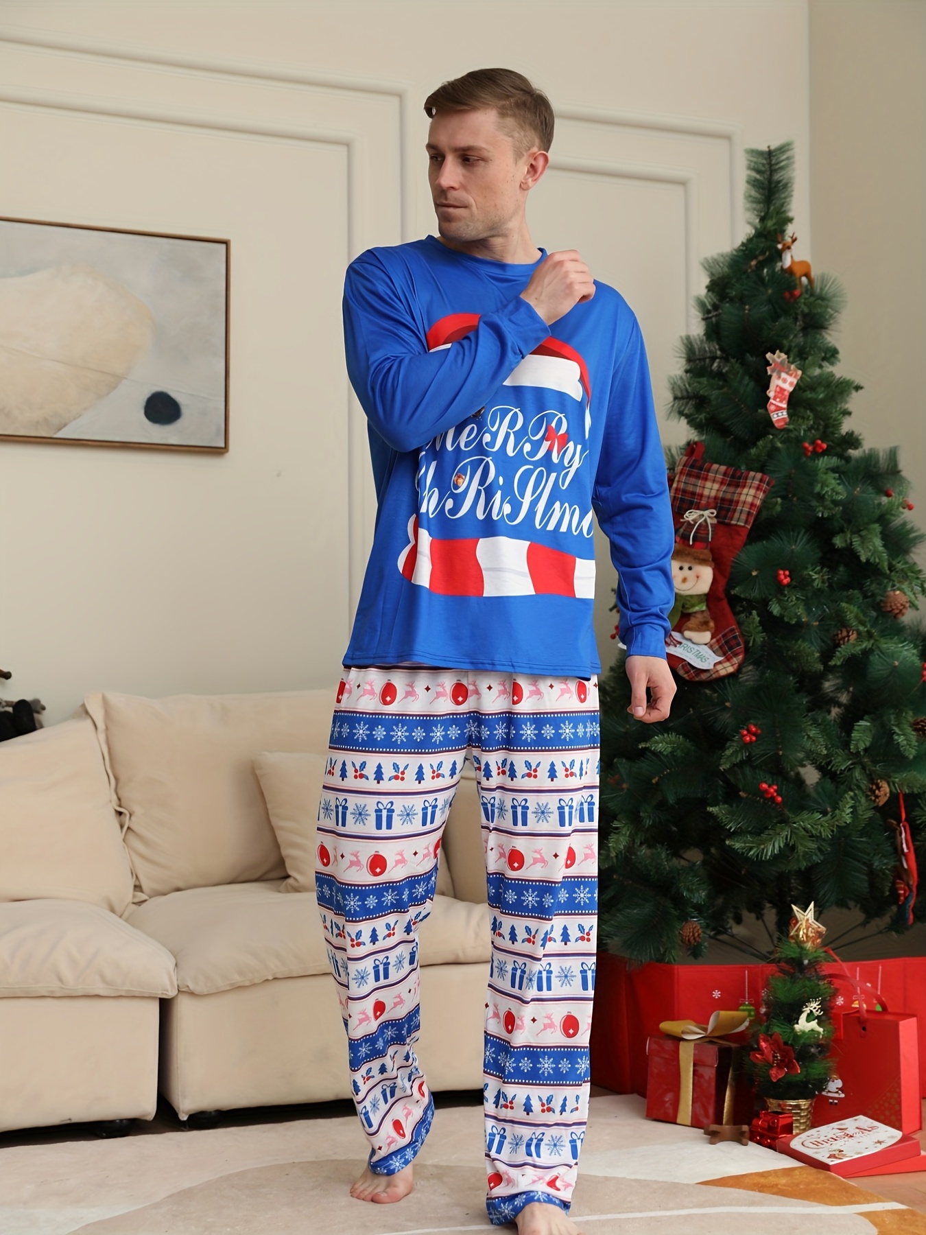 Santa Print Men's Pajama Pants, Matching Family Christmas PJs
