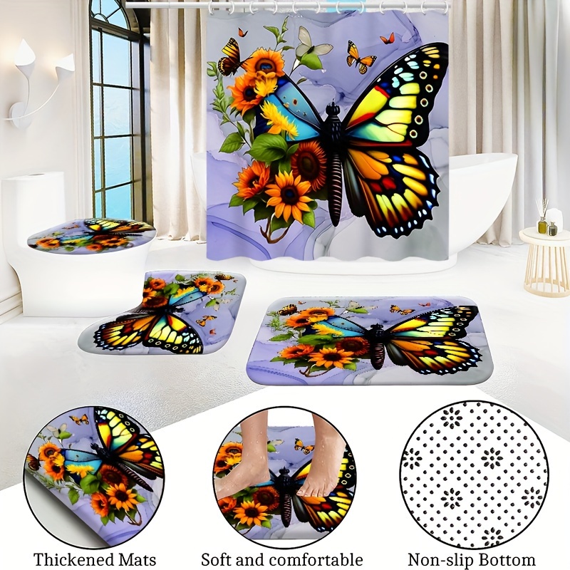 Colorful Butterfly Shower Curtain with 12 Hooks Waterproof