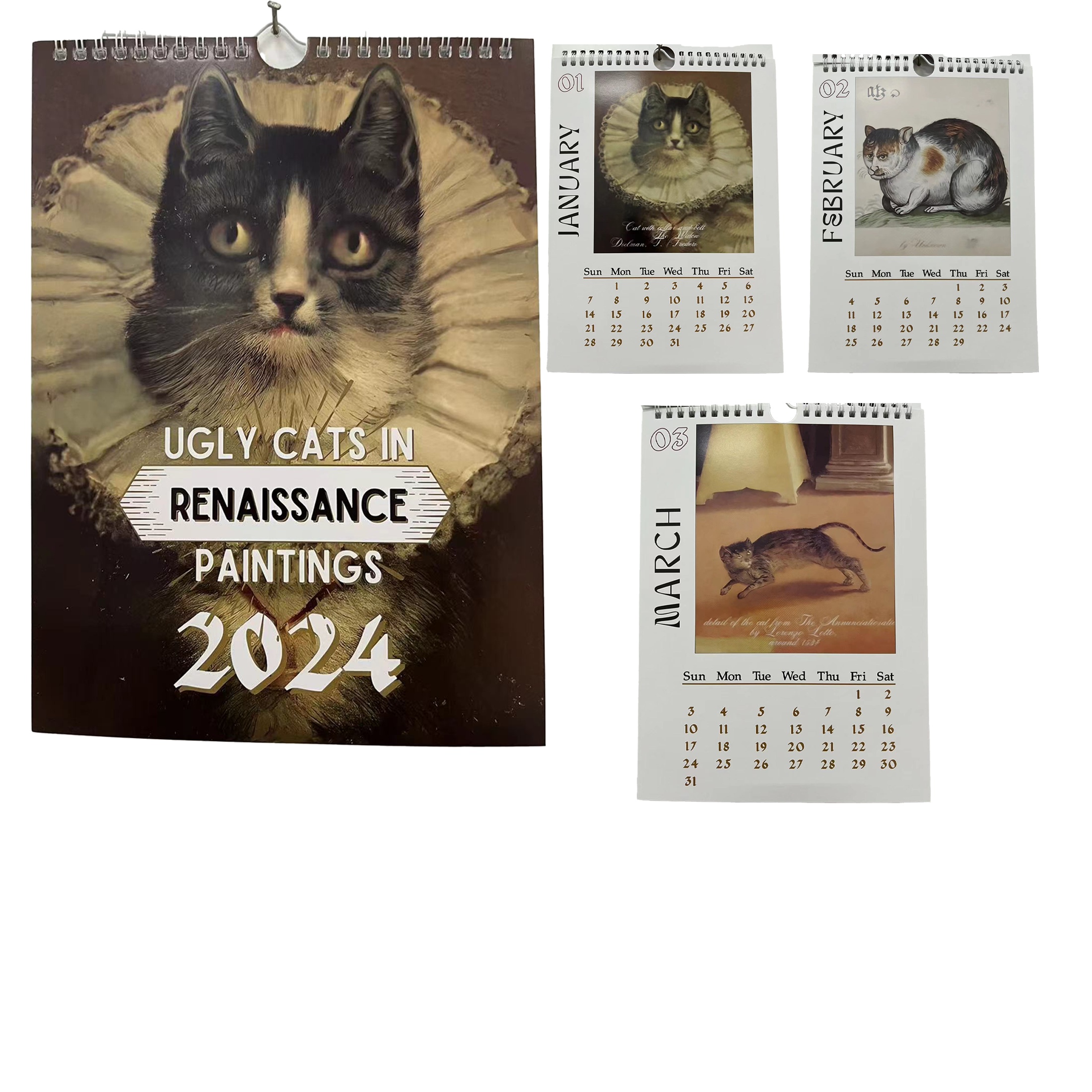Calendrier mural pour chat 2024, Ugly Cats In Renaissance Painting