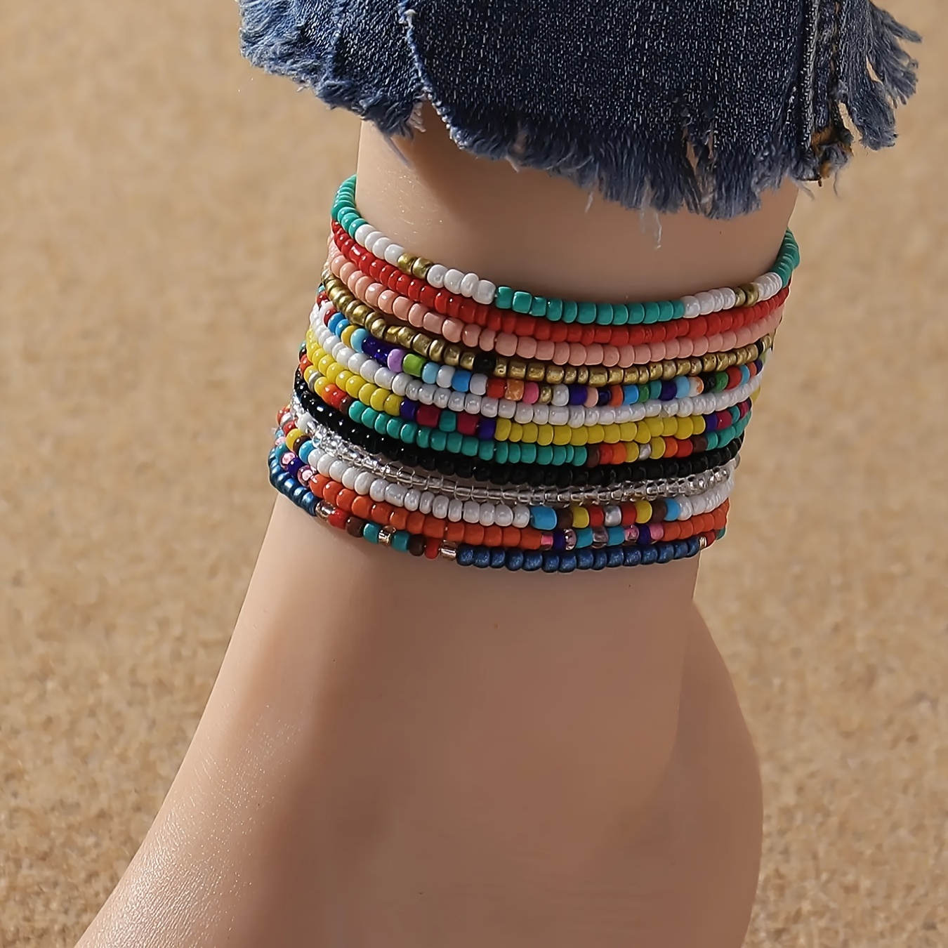 

13 Pcs Set Of Delicate Colorful Rice Beads Design Anklet Bohemian Vintage Style Suitable For Women Summer Vocation Foot Chain