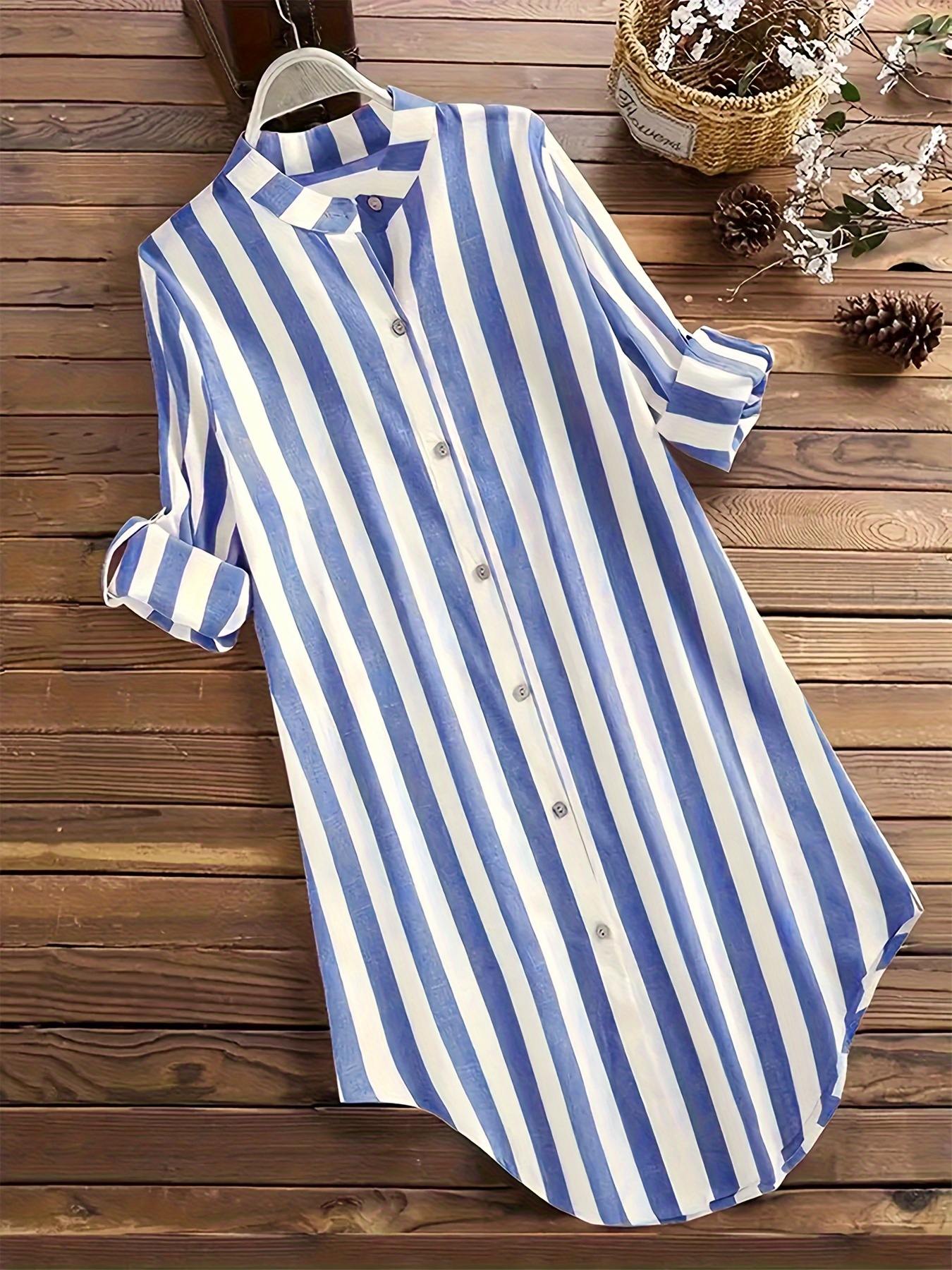 Striped Button Front Tunics, Elegant Long Sleeve Outwear, Women's  Clothing,temu