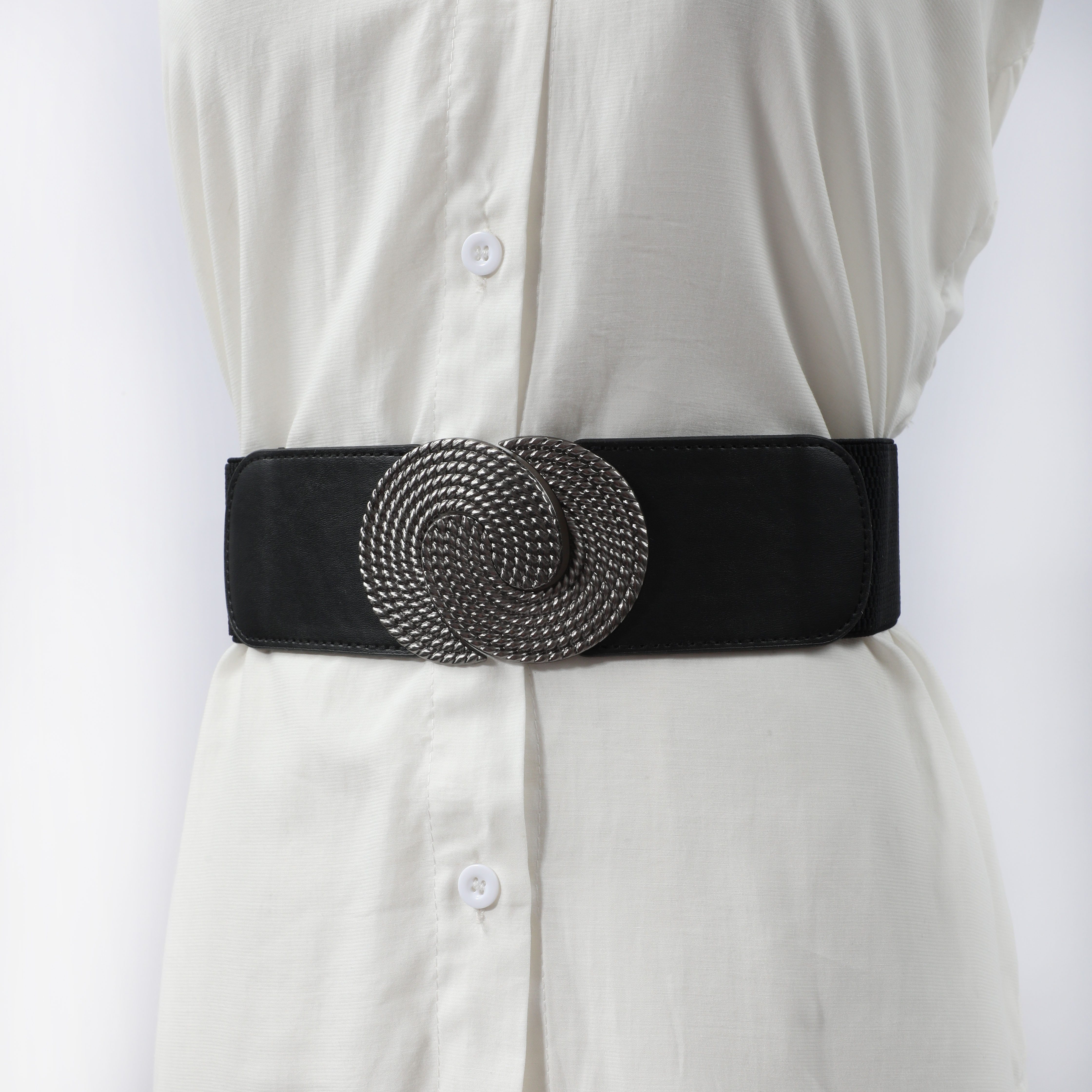 Vintage Twist Buckle Wide Belt Elegant Black Elastic Waistband Casual PU  Leather Belt Coat Girdle For Women