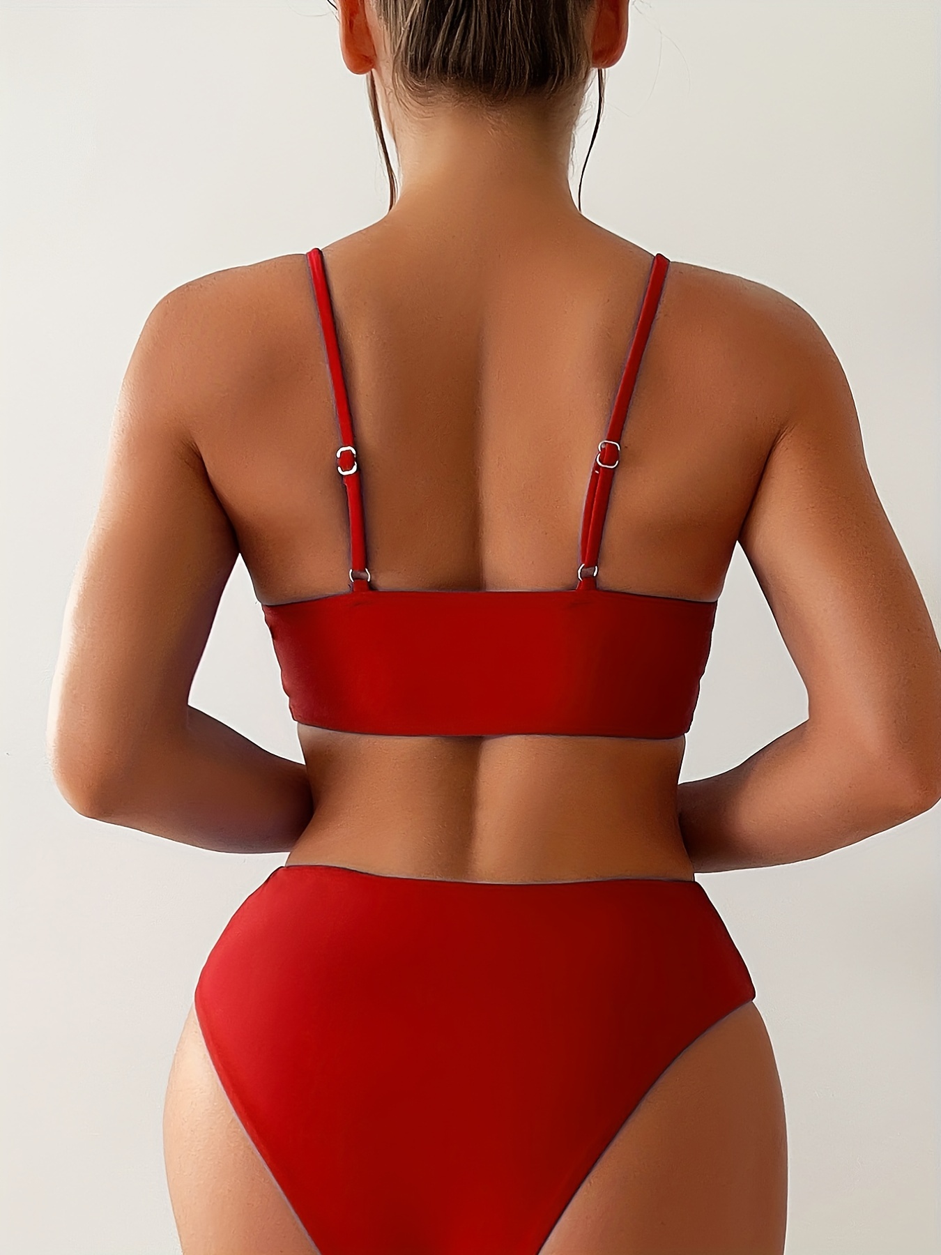 Solid V Neck Bikini Sets Spaghetti Straps High stretch High - Temu