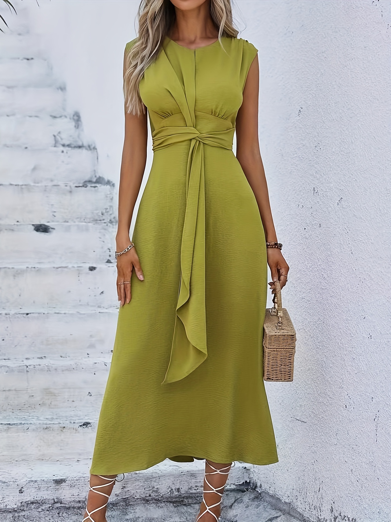 Knot Front Cinched Waist Tank Dress Casual Crew Neck Temu Australia