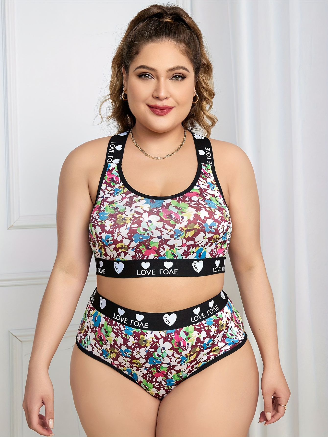 Plus Size Sexy Lingerie Set, Women's Plus Floral Print Contrast Letter Tape  Crisscross Back Bra & Panty Lingerie Two Piece Set