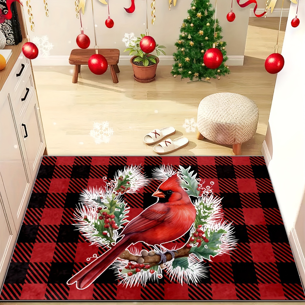 Memory Sponge Christmas Rug, Cute Snowman Scarf Doormat, Green Tree Pattern  Carpet For Floor Sink, Cardinal Country Berrythin Area Rugs, Red Back Door  Mat, Comfortable Foot Feel High Resilience Living Room Bedroom