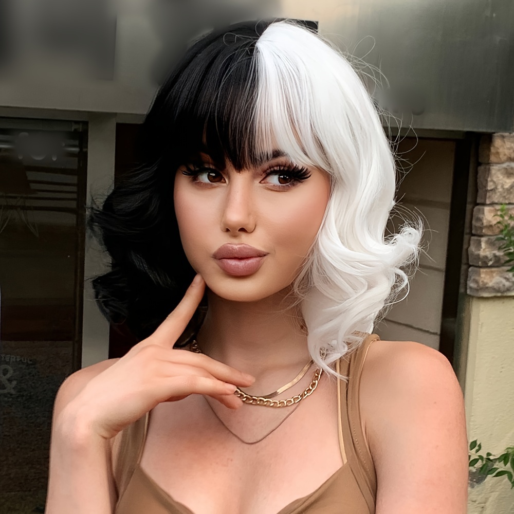 Image of 14-inch Black And White Yin-yang Shaped Wig Cosplay Witch Men Women Party Cosplay Wig Synthetic 's Wig, For Halloween