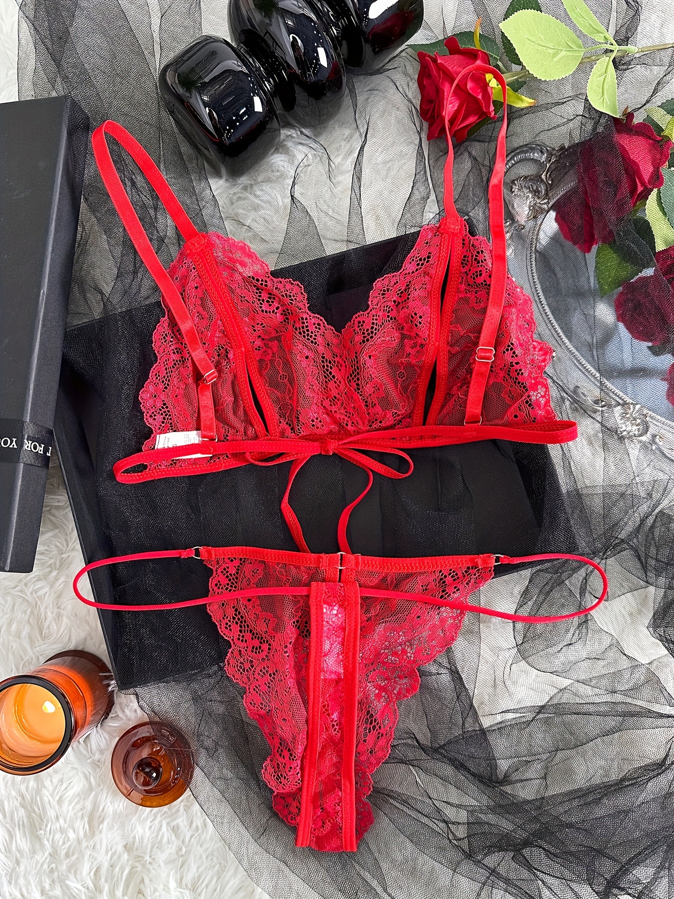 Floral Lace Lingerie Set, Cut Out Strappy Bra & Thong, Women's Sexy  Lingerie & Underwear