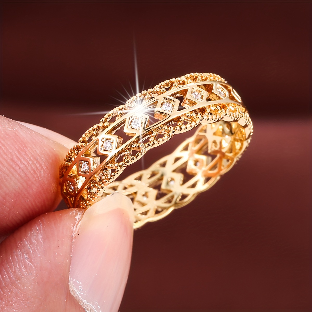 

Chic Band Ring Hollow Design Paved Shining Zirconia Golden Or Silvery Make Your Call Match Daily Outfits Party Accessory