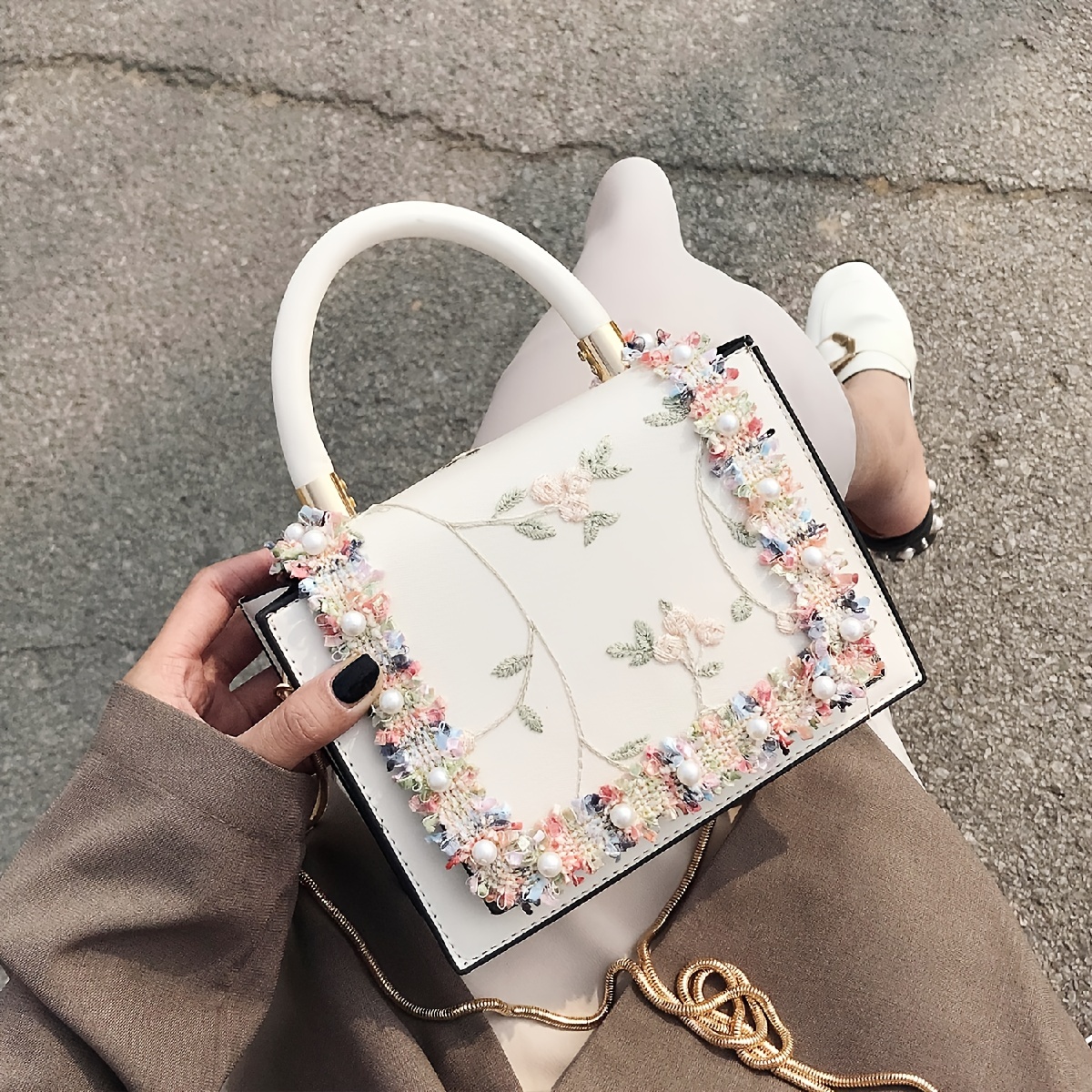 Floral Embroidered Faux Pearl Decor Flap Square Bag