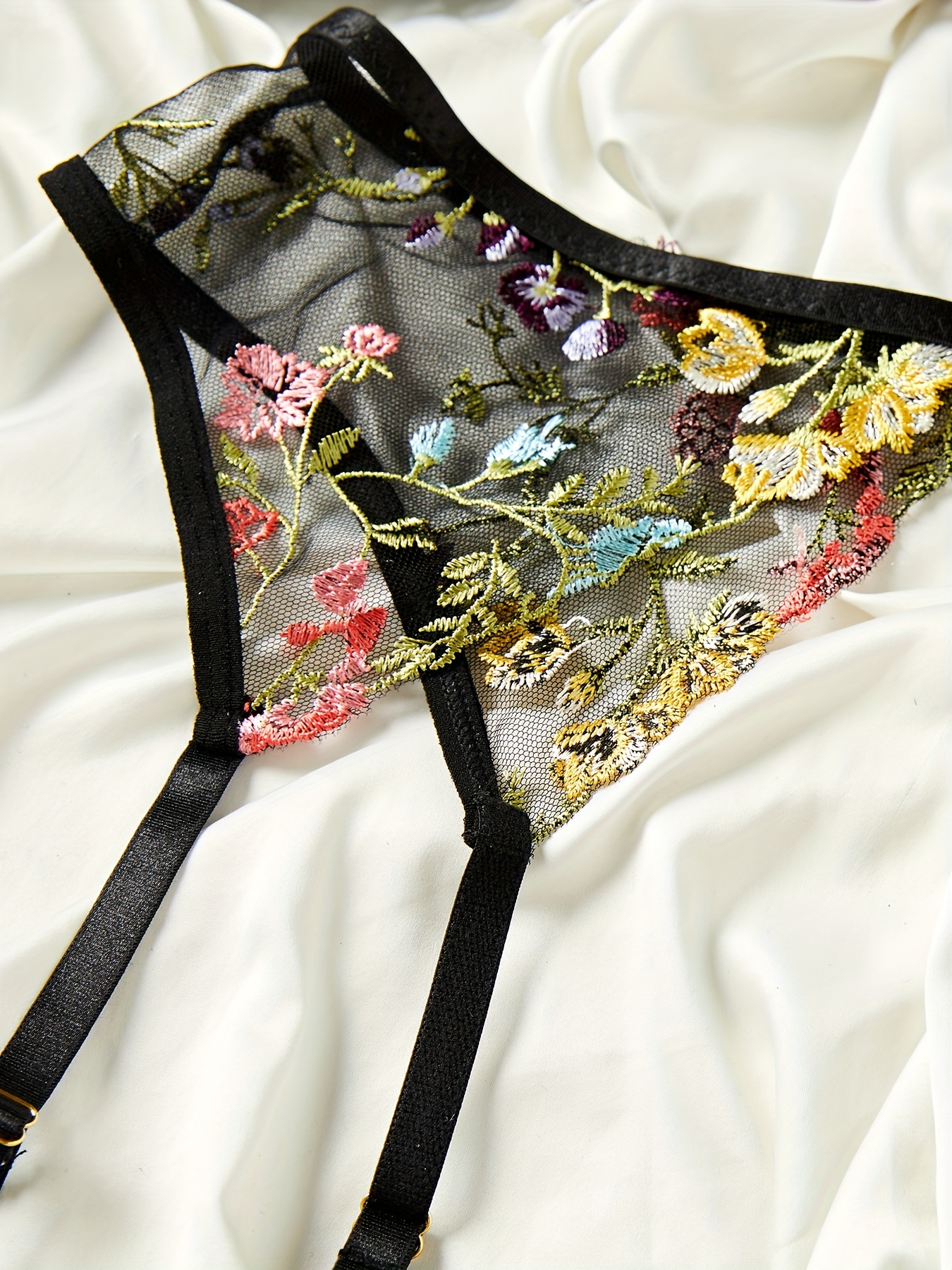 Floral Embroidery Lingerie Set Mesh Unlined Bra Garter Belt - Temu