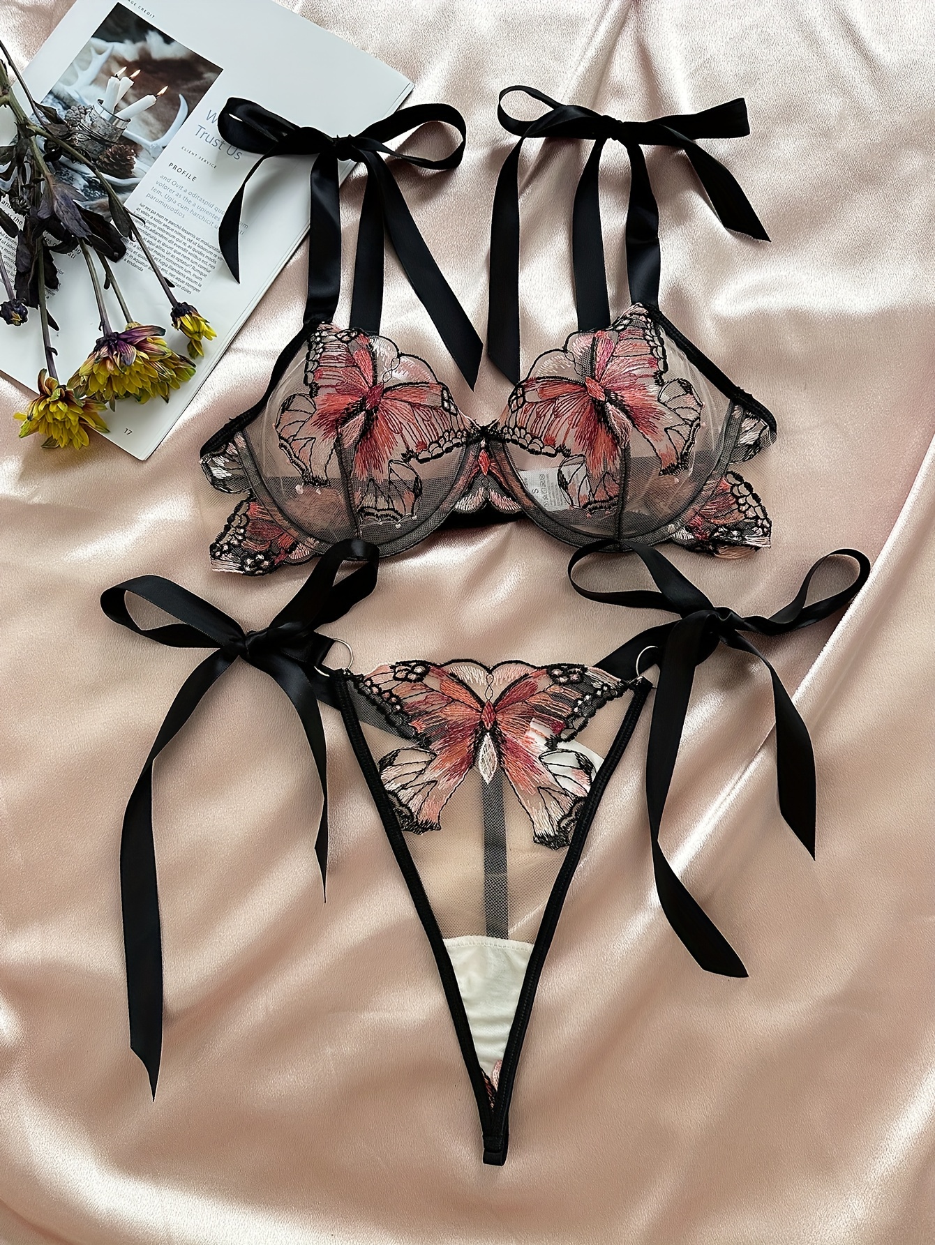 TTV Women's hot Mesh Lingerie Set Strappy Bow Lace Embroidered