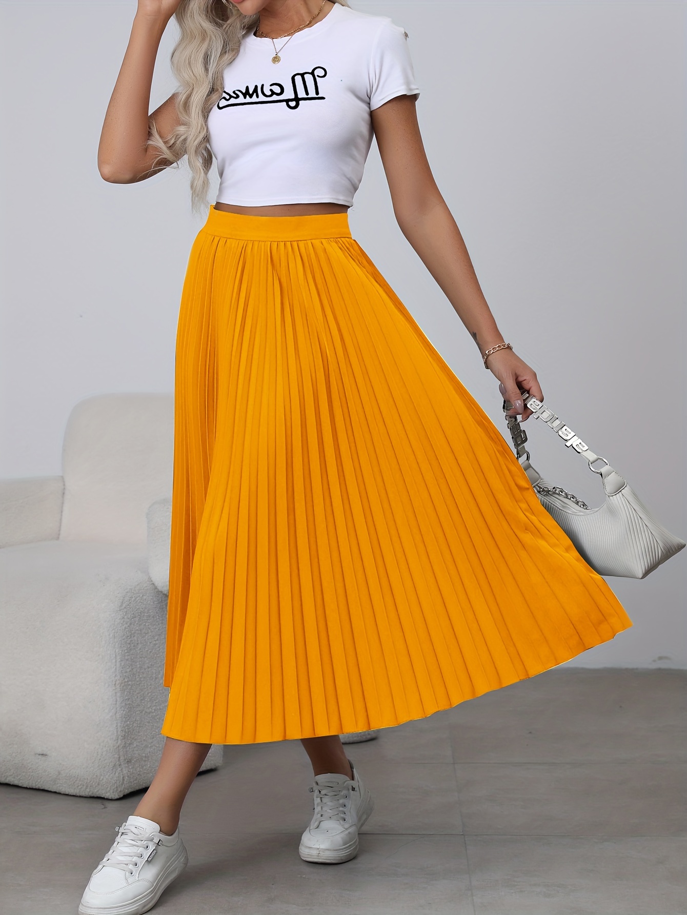 High Waist Pleated Skirt Casual Solid Skirt Summer Spring - Temu