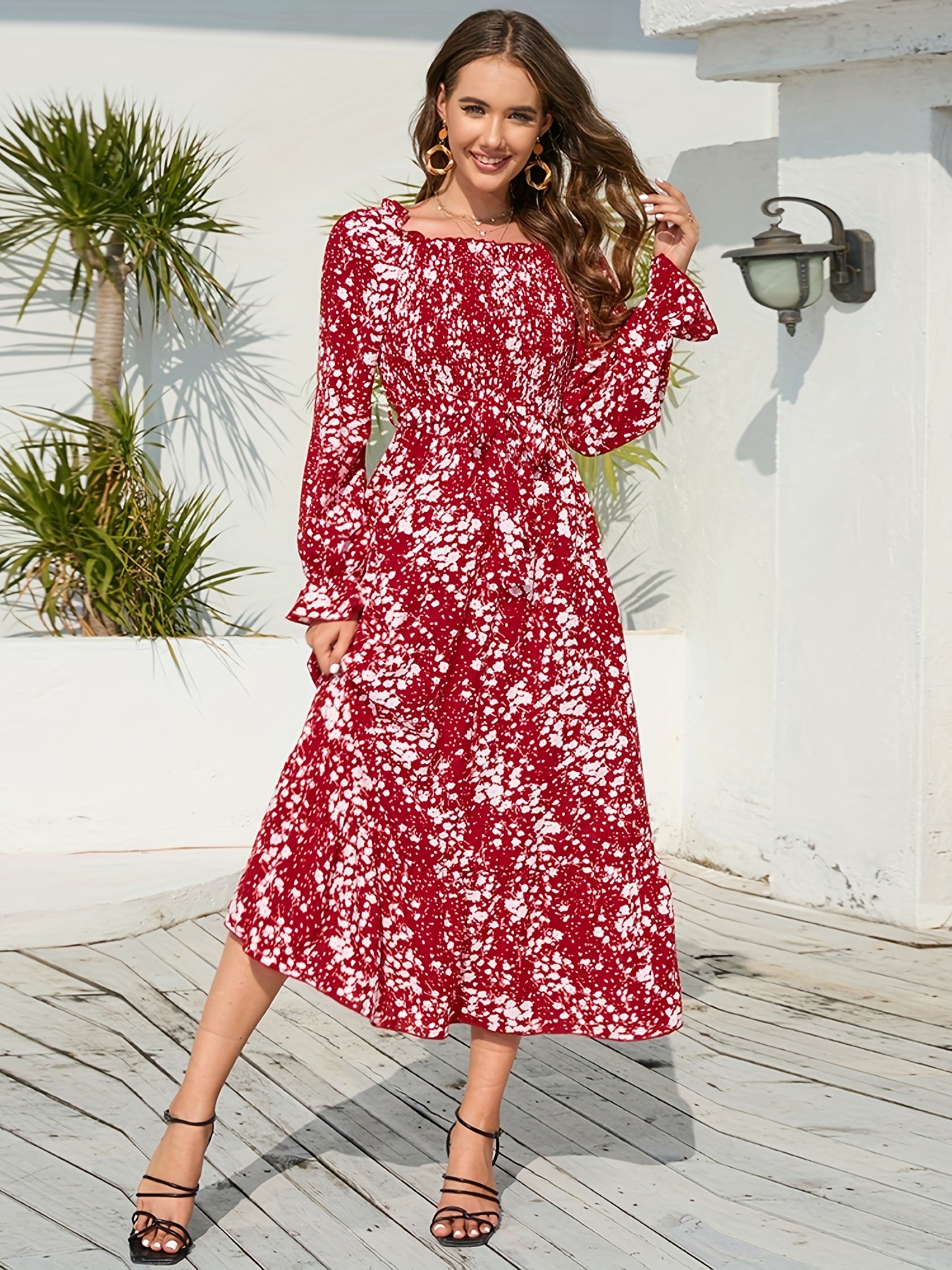 Floral Designed Red & White Mixed Long Sleeve Frock with Red Piping