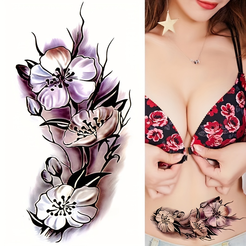Dark Plain Flower And Plum Waterproof Tattoo Stickers